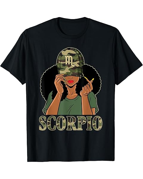 Scorpio Girl Black Woman With Cap Camo Afro Woman Zodiac T-Shirt
