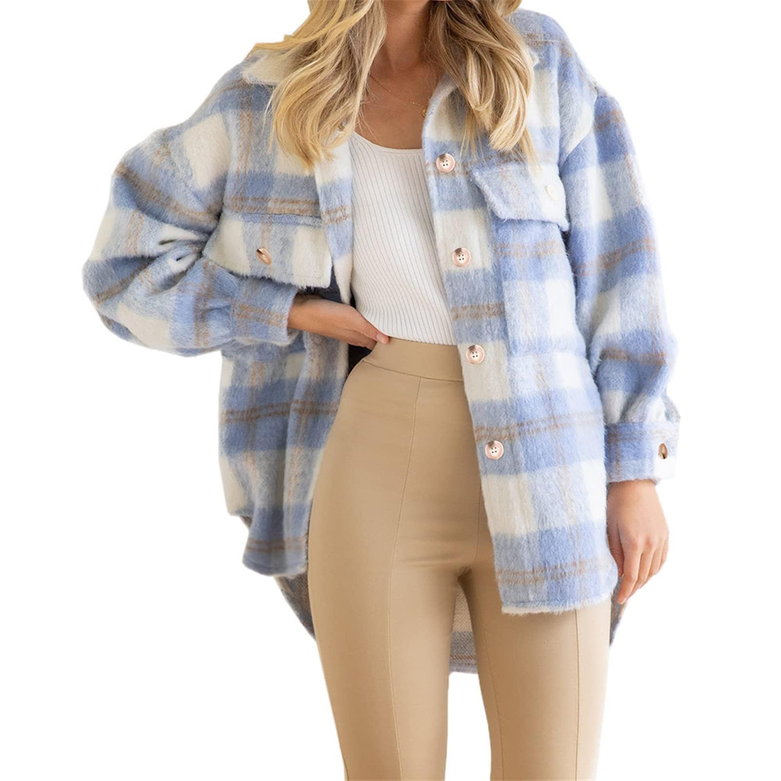 Camisa a Cuadros de Manga Larga para Mujer, Camisa a Cuadros Informal más Gruesa, Blusa con Bolsillos, Prendas de Vestir, Abrigo (Blue L)
