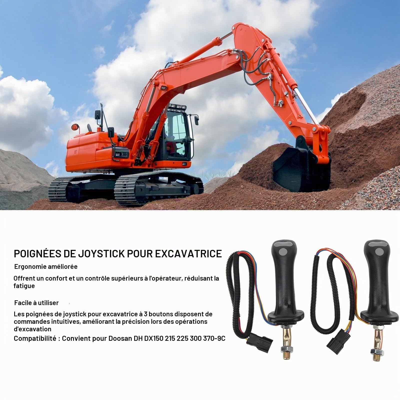 Poignée de Joystick de Mini-Pelle, 2 Pièces Poignées de Joystick de Pelle à 3 Boutons en Alliage D'aluminium à 6 Broches pour Doosan DH DX150 215 225 300 370-9C
