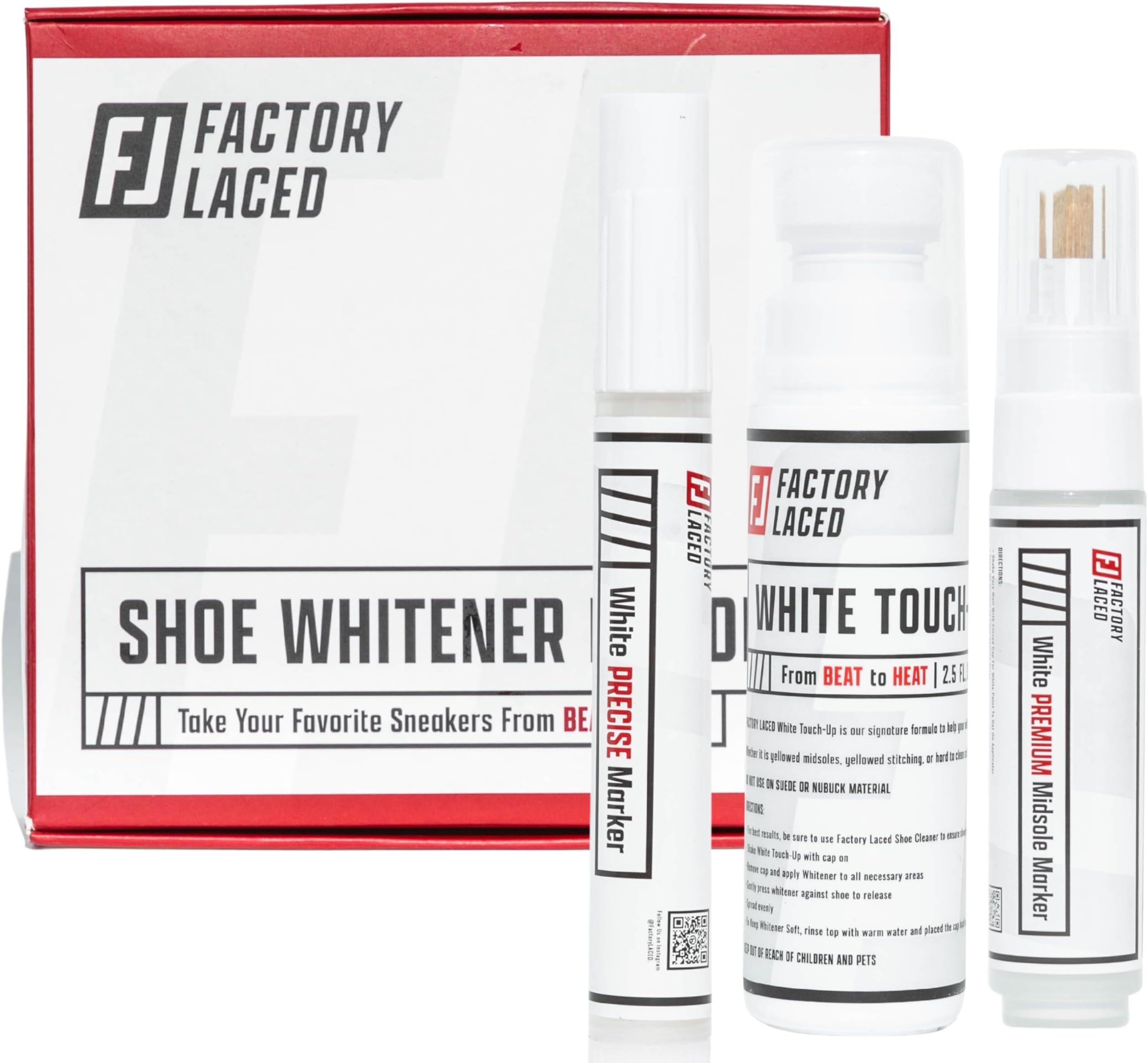 FACTORY LACED Shoe Whitener Bundle - White Shoe Cleaner Includes: White Touch Up, Premium Midsole Marker and Precision Marker - Safe on Leather, Canvas, Vinyl, Nylon and More