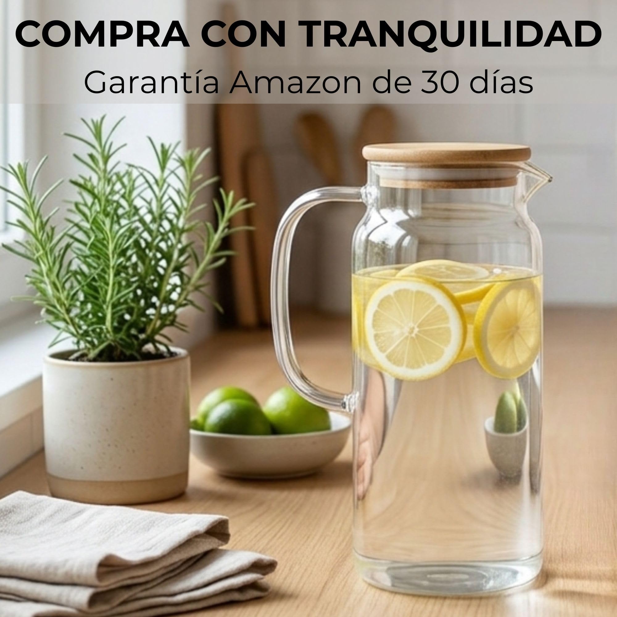 Jarra de Agua Cristal 1,2L con Tapa Bambú Natural. Jarra de Agua en Vidrio Borosilicato Resistente al Calor, Botella Cristal Reutilizable, Vida Saludable. (1,2 Litros, Tapa de Bambu) — view 7