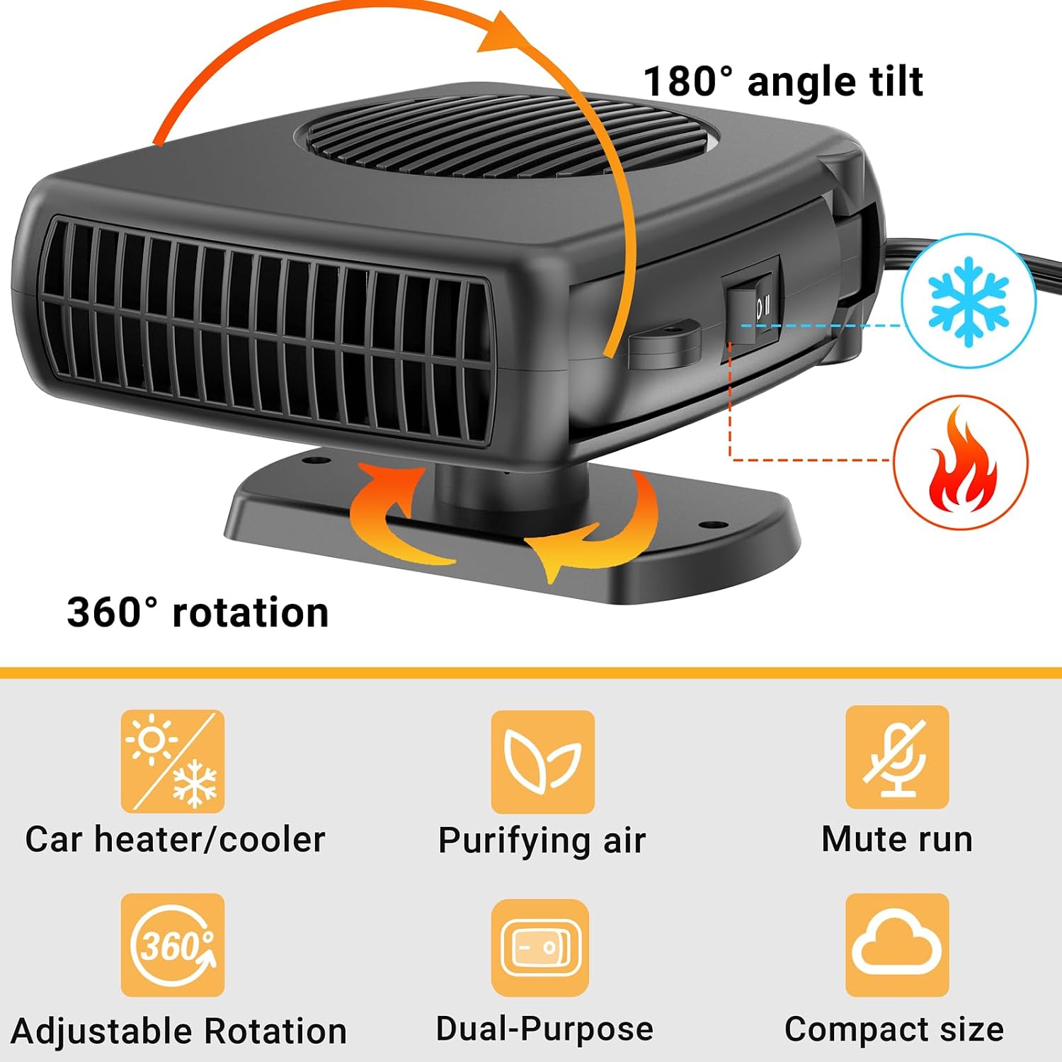 200W Car Heater, 12V Auto Part Vehicle Heater That Plugs into Cigarette Lighter, Portable Car Heaters and Defroster Windshield Defogger, Heaters for Vehicles with 360 Degree Rotary Base