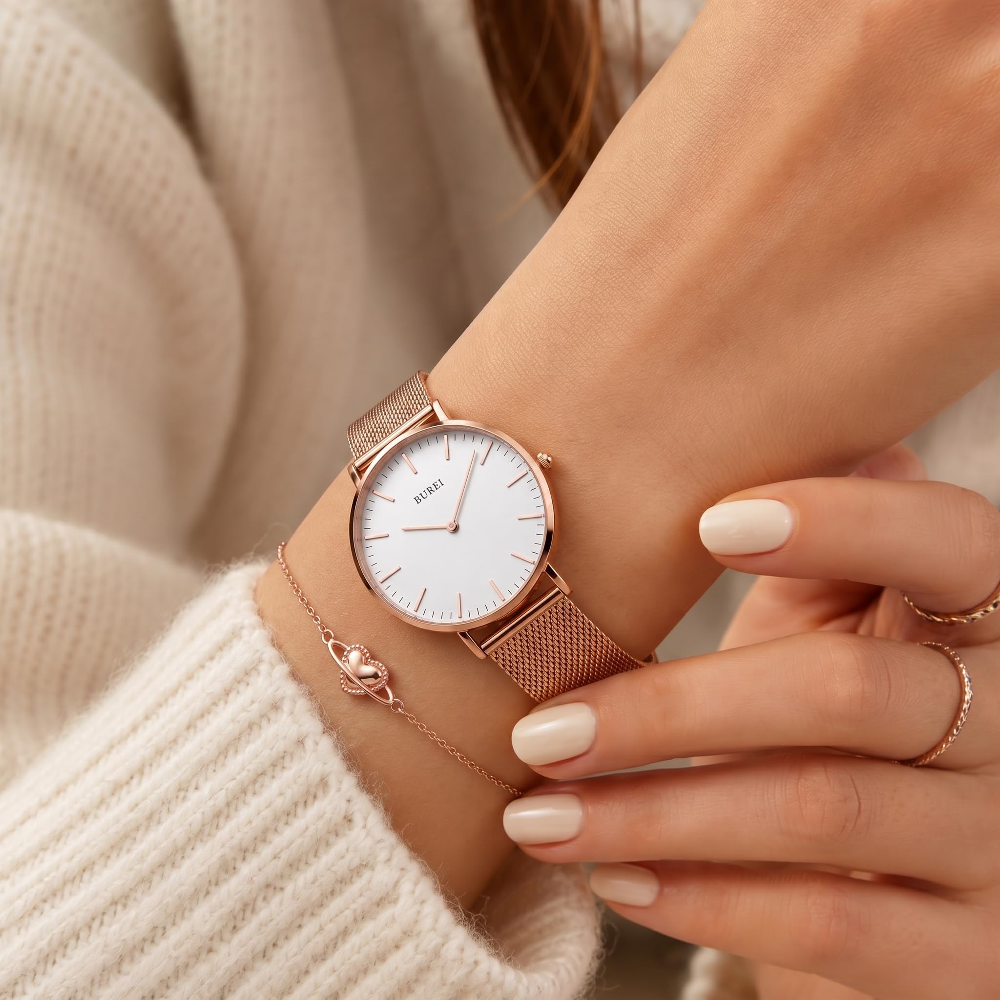 BUREI Montre Ultra Fine Demen Minimaliste Demen Montre analogique à Quartz Japonais avec Bracelet en Maille en Acier Inoxydable Cadeau pour Femme