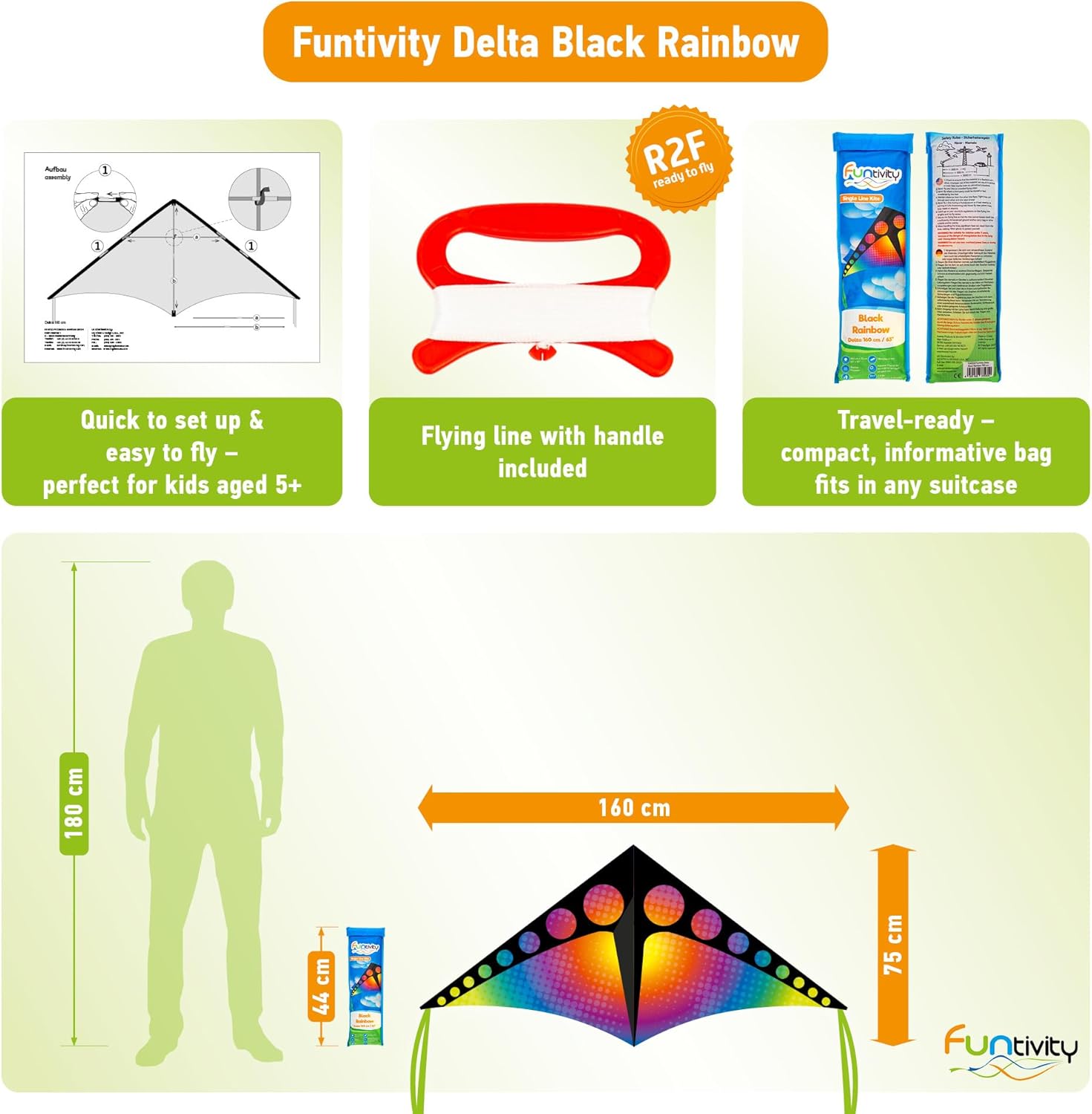 Children's Kite Single Line Kite for Climbing, Low Wind, Children from 5 Years, Includes 17kp Polyester Cord on Handle, 2-5 Bft