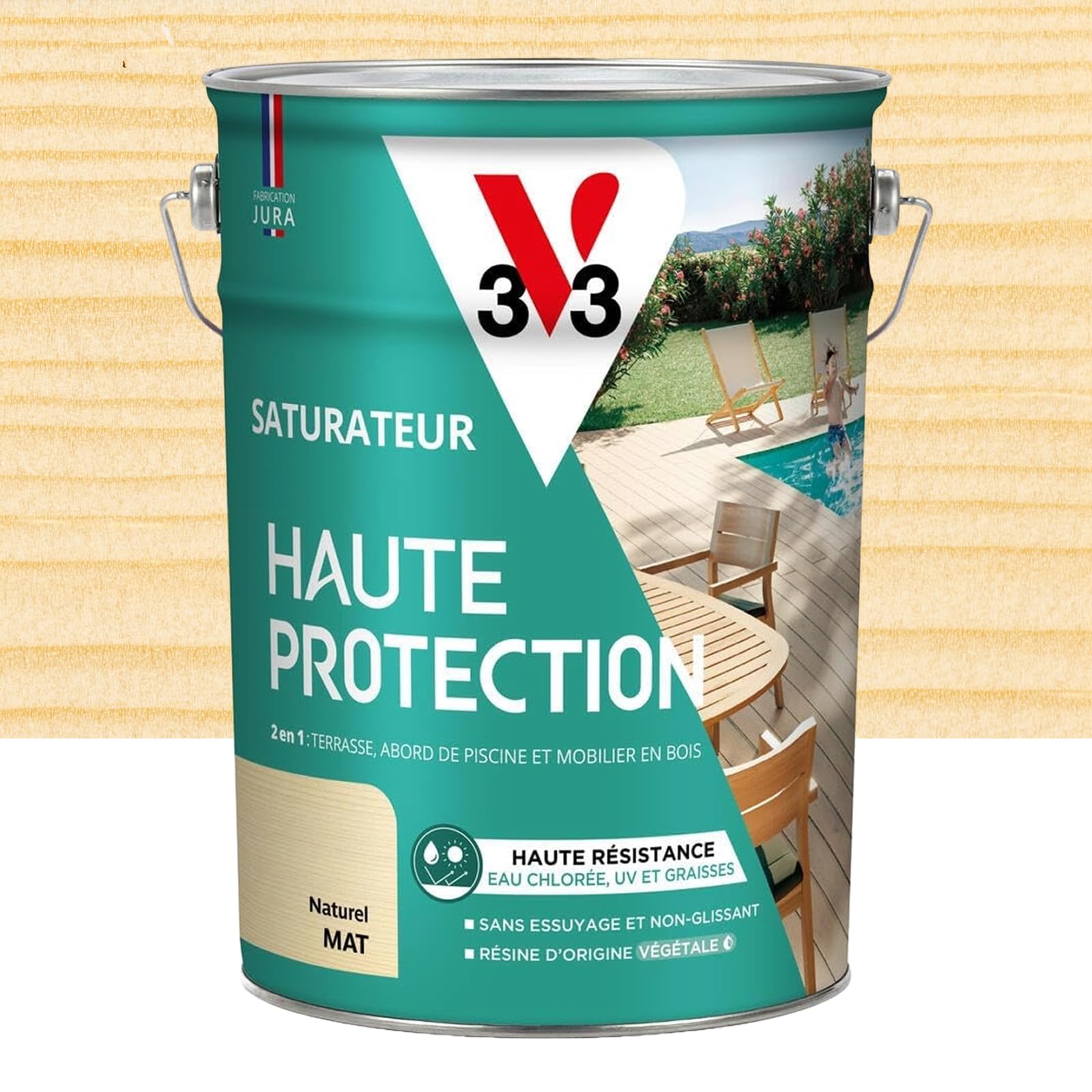 V33 Saturateur bois extérieur Naturel mat 5L - Haute résistance eau chlorée, UV et graisse - Sans essuyage et non glissant