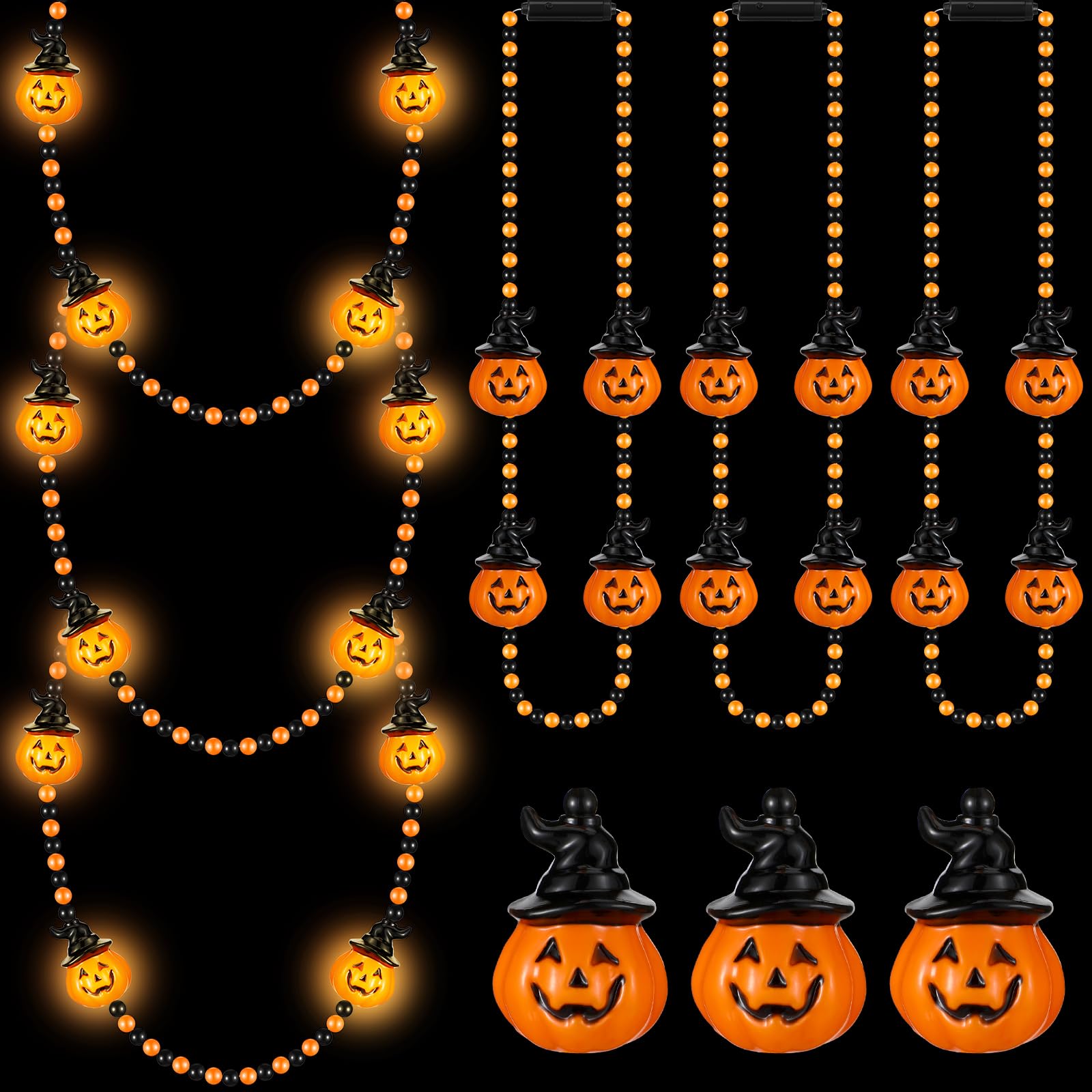 Ecally 6 Pieces Light Up LED Bead Orange Pumpkin Necklaces 3D Halloween Party Favors for Treat Decorations Trick Costume Accessory