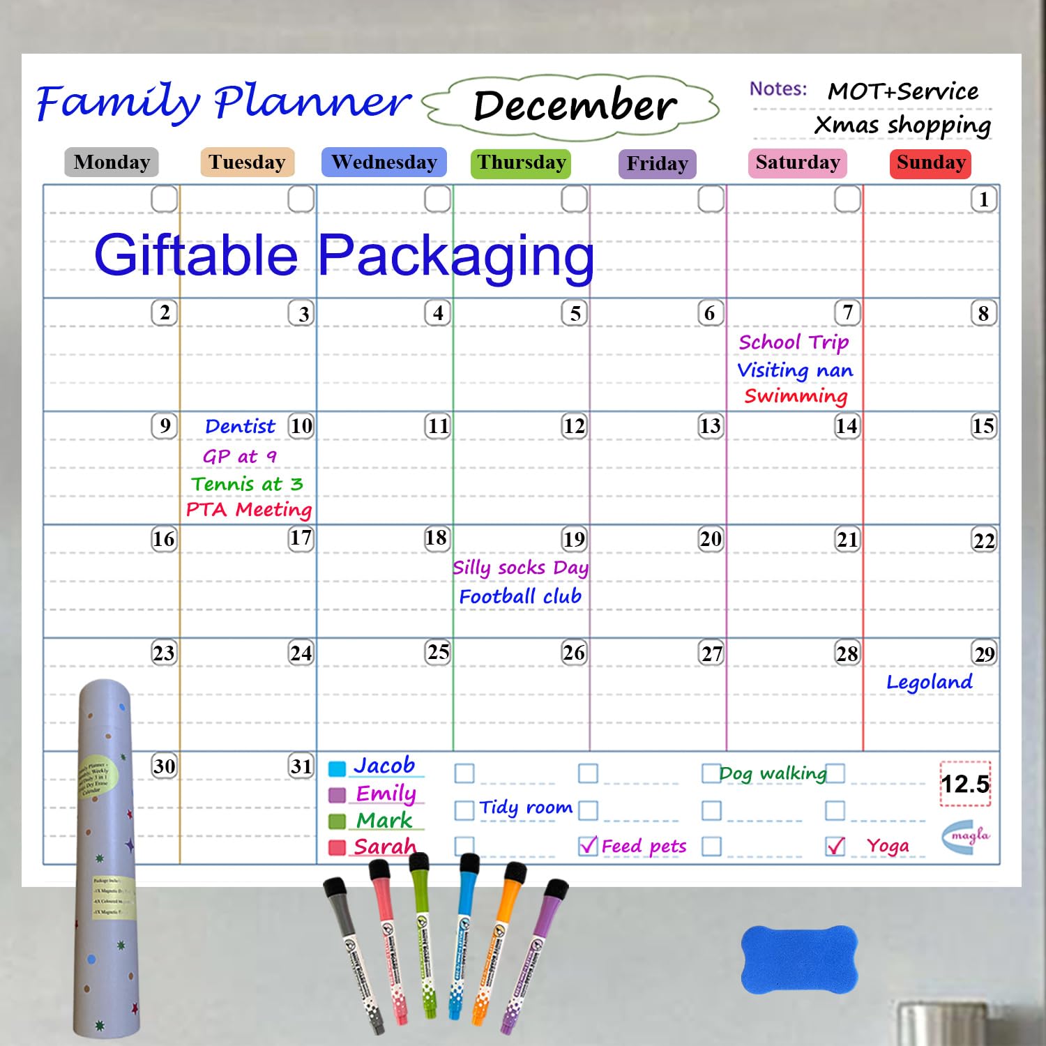 Large Magnetic Monthly Planner Whiteboard for Fridge by Magla- Monday Start Family Calendar with Daily Notes Section