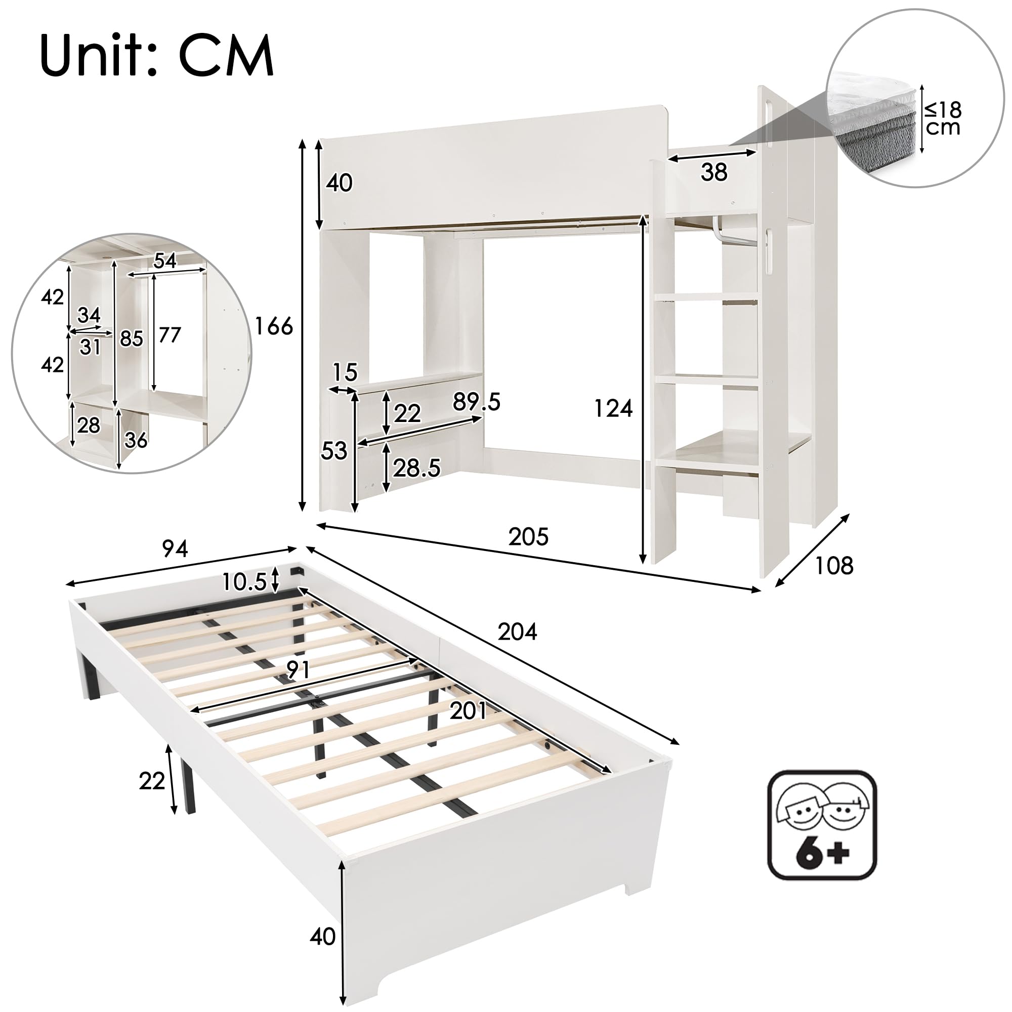 Etagenbett Kinderbett 90x200 Holz mit Schreibtisch & Kleiderschrank für Kinder & Jugendliche - Hochbett Hausform mit unterem Bett 140x200