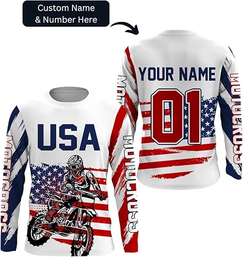 Miniatura 5 de Camiseta de motocross con la bandera estadounidense UPF30+ personalizada patriótica para adultos y jóvenes