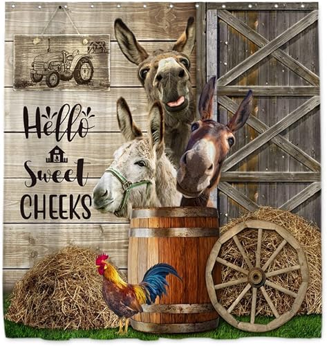 Onecmore Cortina de ducha de burro divertida de granja, rústico, occidental, encantador, animal, vintage, tablones de madera, decoración para el