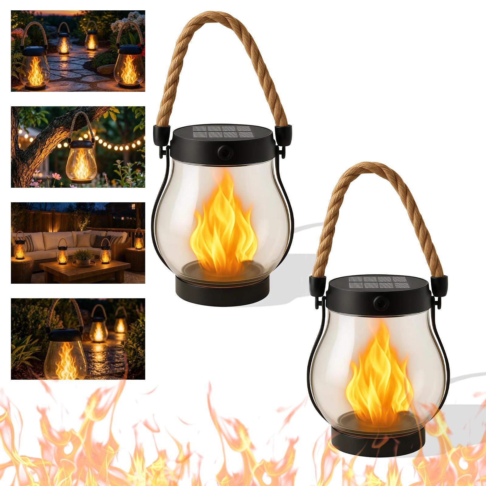 2026 Neu Solar-Laterne mit Flammeneffekt - Solar Flammenlaterne für Außen | LED Laterne Solar Außen Wetterfest, USB & Solar Aufladung, IP65 Wetterfeste, für Außen Halloween(2PCS)
