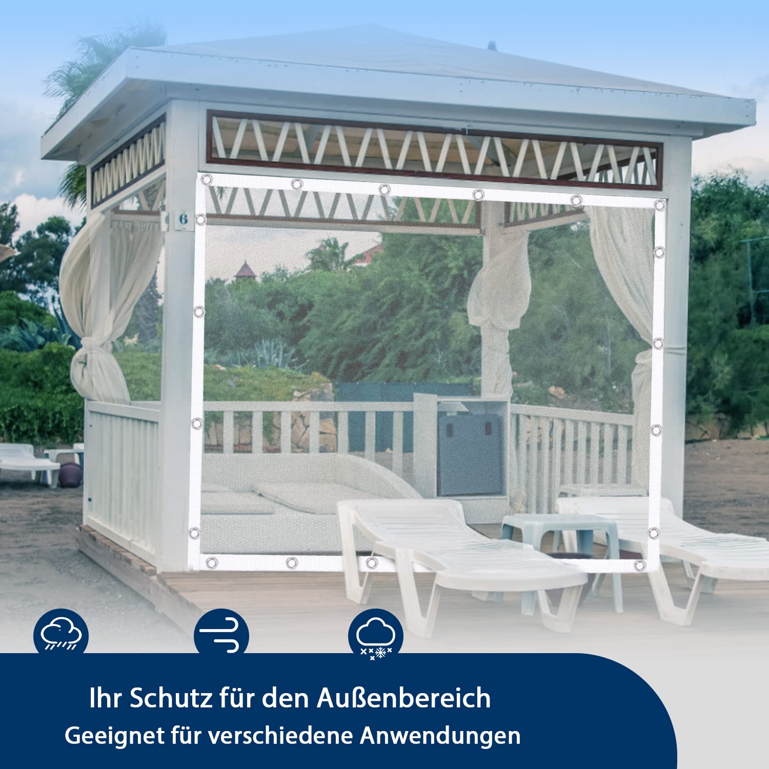 Plane mit Ösen Transparent Nach Maß, 2.1x2.5m Durchsichtig 420g/m² Abdeckplane Wasserdicht, Anpassbar Innerhalb von 8x8m, 0.35mm Dick Plane für Außenbereich mit Schnüre und Bänder