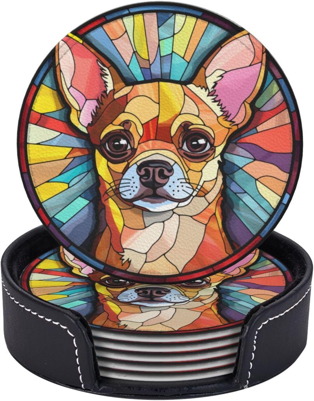 Drink Coaster Set of 6, Chihuahua Dog Mom Lover Gift,Leather Drink Coasters with Holder,6 Pack Cup/Bar/Drink Coasters for Table/Drinks/Coffee Protection Housewarming Gift image 2