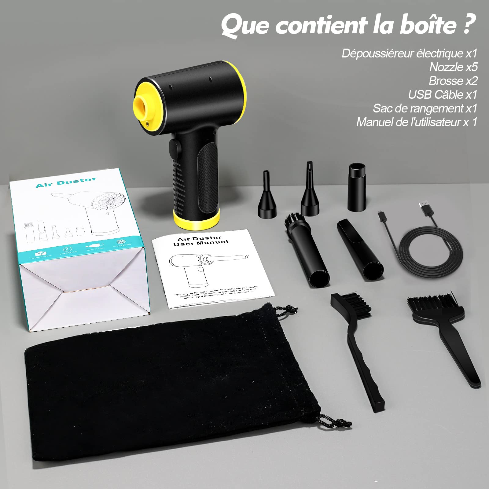 Anykuu Souffleur PC Electrique 7500 mAh，90000 TR/Min 3 Vitesses Bombe - Air Comprimé Nettoyage avec Lumière LED，Aspirateur Voiture Rechargeable, Dépoussiérants Puissants.