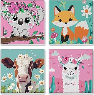 MXJSUA 4 Pack Framed Cute Animals Paint by Numbers for Kids Ages 6-12, Koala Fox Llama Cow Paint by Number Kits for Children Beginner, Acrylic Oil Painting for Home Wall Decor (8x8inch)