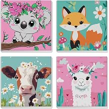 MXJSUA 4 Pack Framed Cute Animals Paint by Numbers for Kids Ages 6-12, Koala Fox Llama Cow Paint by Number Kits for Children Beginner, Acrylic Oil Painting for Home Wall Decor 8x8inch
