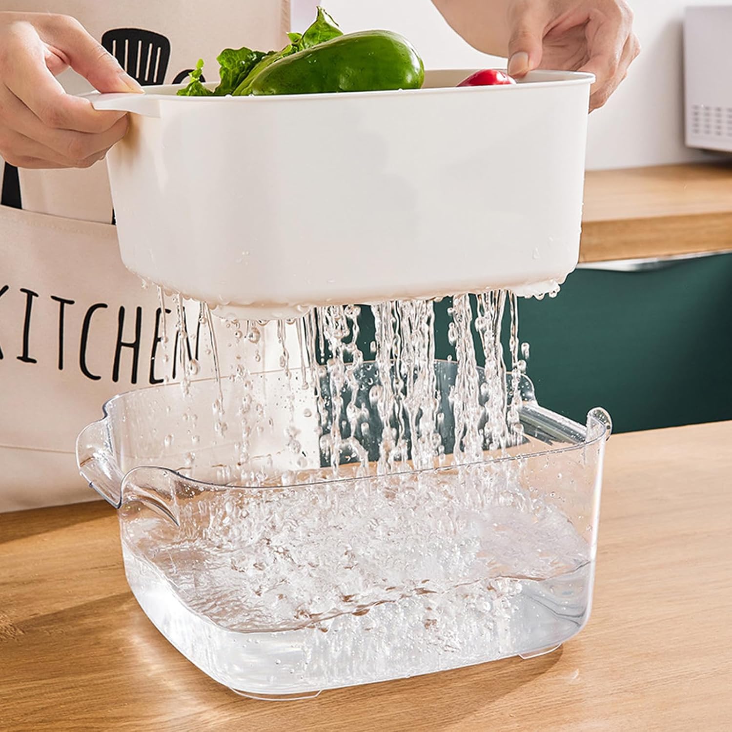 Double-layer Kitchen Drain Basket Ivory White, Multifunctional Vegetable Strainer with Removable Draining Basket, Compact Food Washer for Fruits and Rice Cleaning