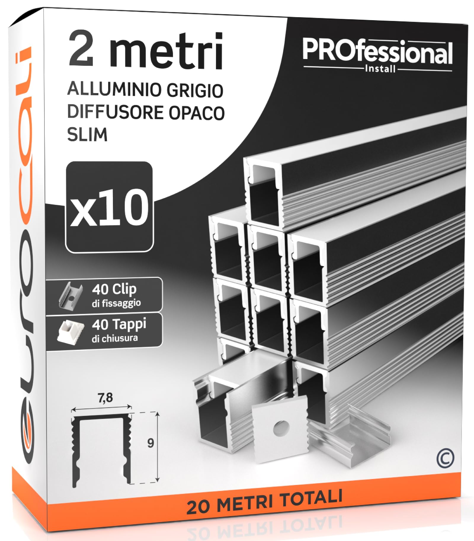 10 Profili Slim da 2 metri in Alluminio per Strisce LED Copertura Opaca 7,8 x 9 mm - Installazione a superfice - Barra per Strip LED, Dissipatore