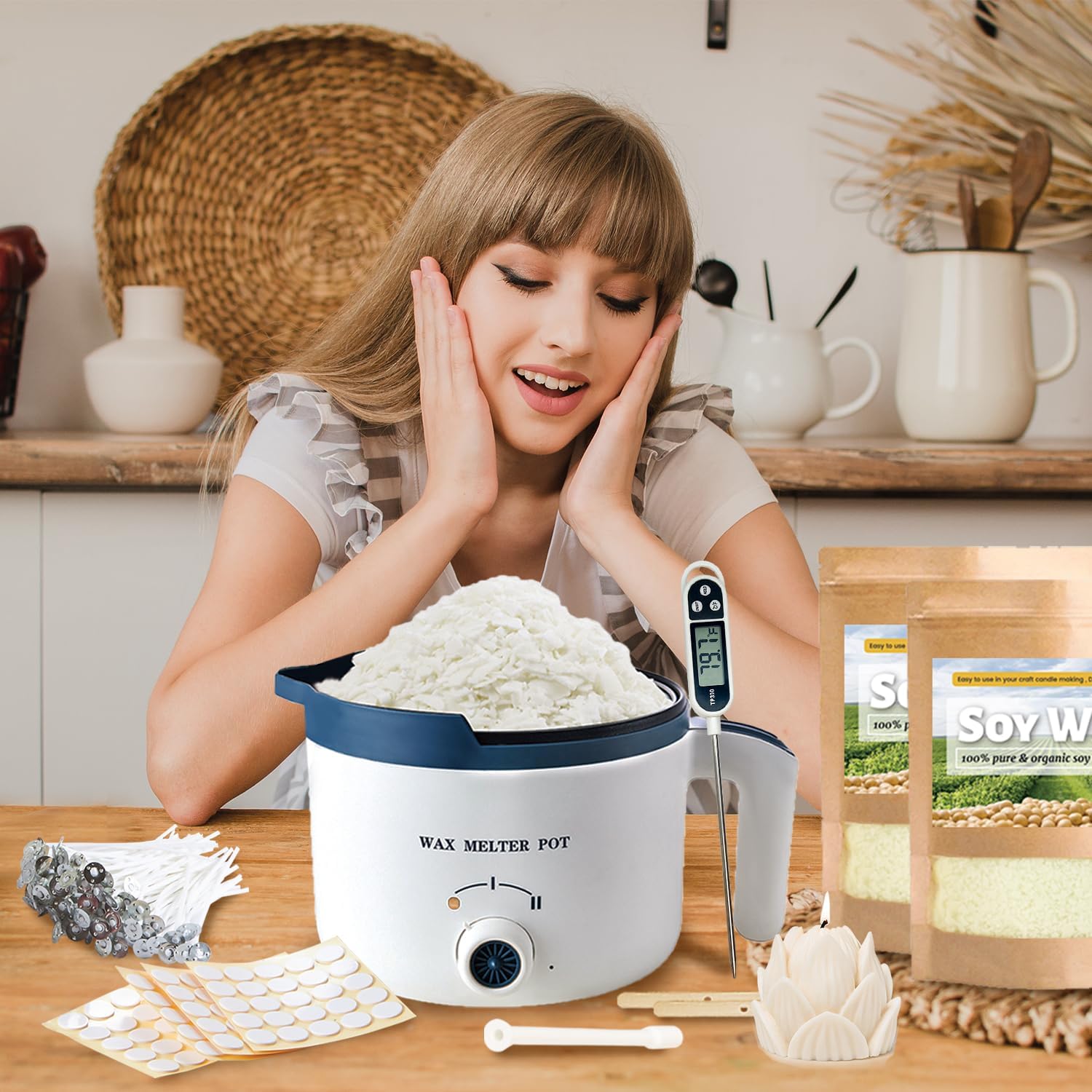 Soy Wax for Candle Making Kit - DIY Soy Candle Making Supplies with 3lbs Natural Soy Wax Flakes, Electric Wax Melter, Thermometer, Wicks, Perfect for Making Your Own Candles