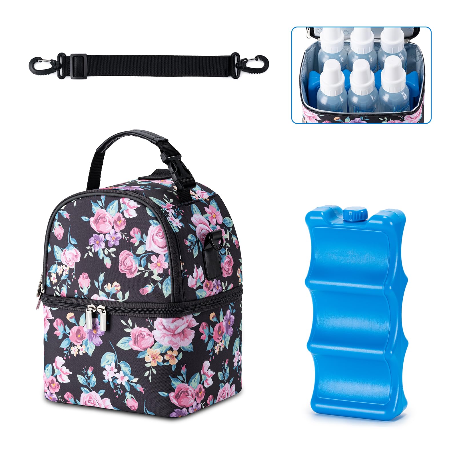 Breastmilk Cooler Bag with Ice Pack Fits 6 Baby Bottles up to 9 Ounce, Breast Milk Pump Cooler Bag with Shoulder Strap for Nursing Mom Daycare, Work, Travel- Flowers