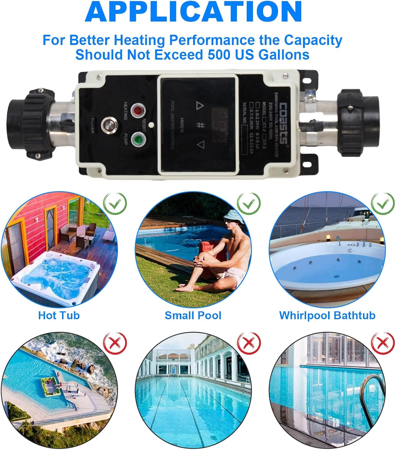 cjc Electric Pool Heater Thermostat, 220V 3KW Hot Tub Spa Heaters Thermostat, Hot Tub Heater with LCD Display Internal Circulation System for Small Pool, Hot Tub, Spa, Bathtub