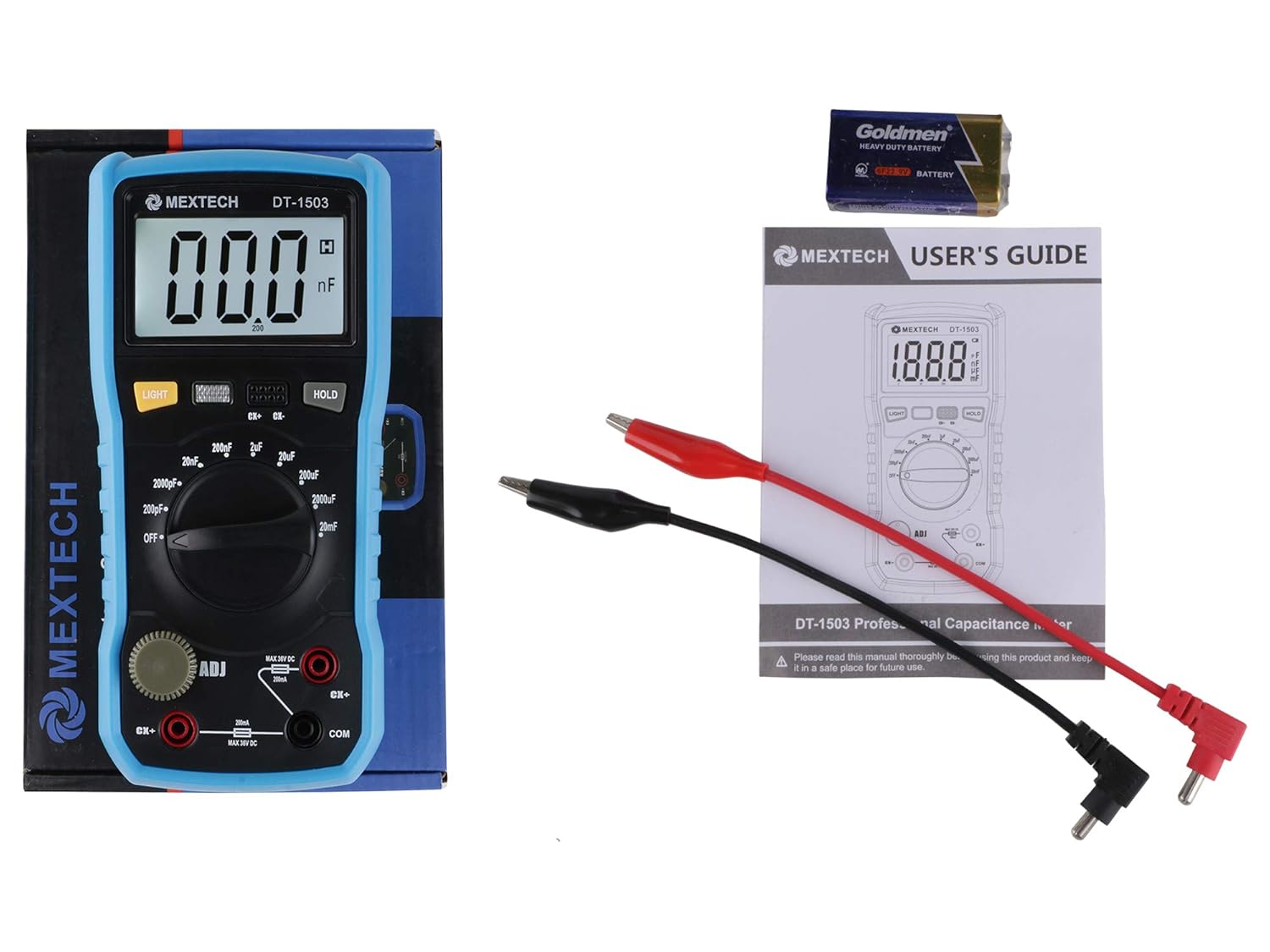 MEXTECH DT1503 Digital Capacitance Meter package contents including meter, test leads, 9V battery, and user manual.