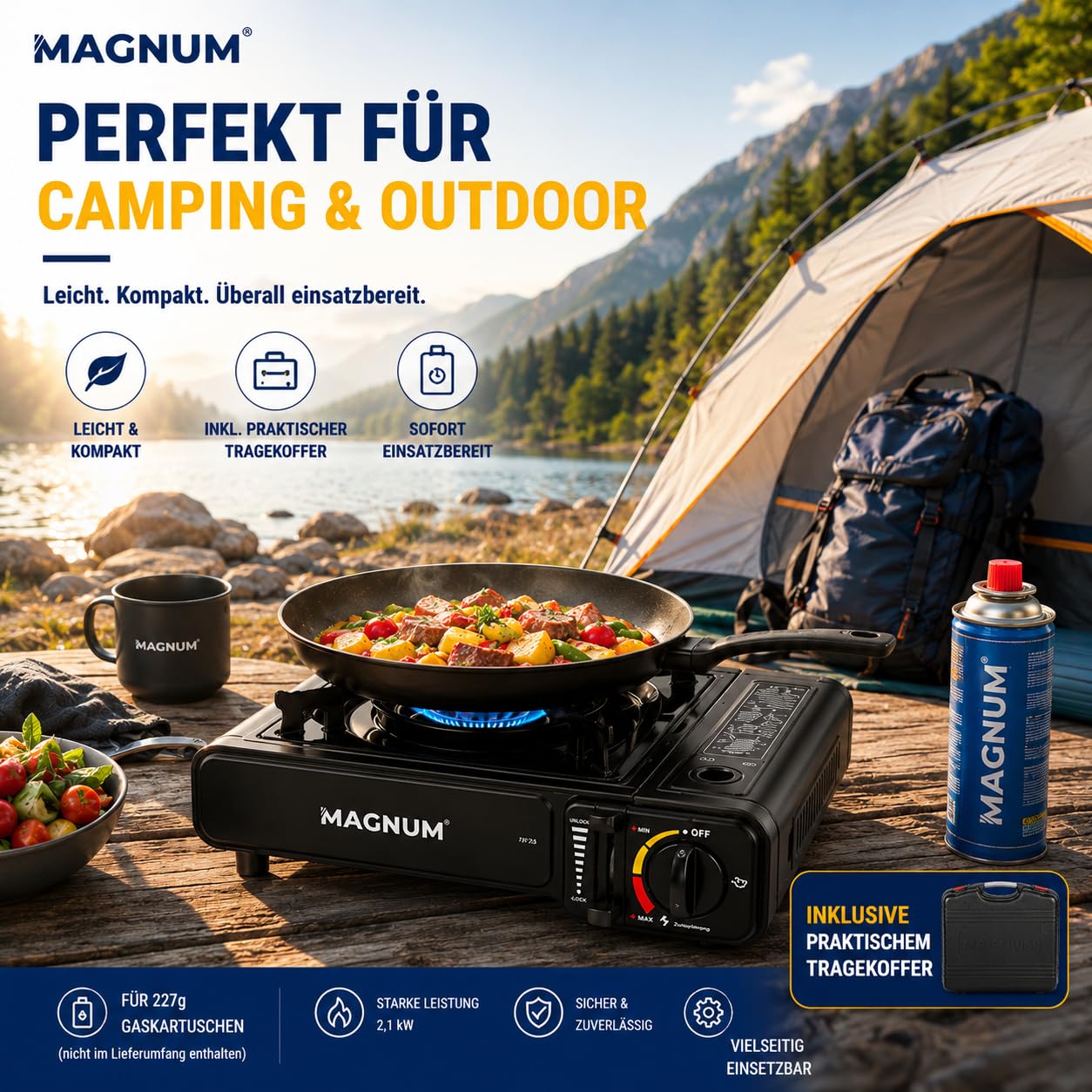 Magnum® Gaskocher [inkl. 16x Gaskartuschen] – Campingkocher [Notfall Ausrüstung ] – Gaskocher mit Kartusche - Campingkocher mit Gaskartusche (16 Kartuschen)