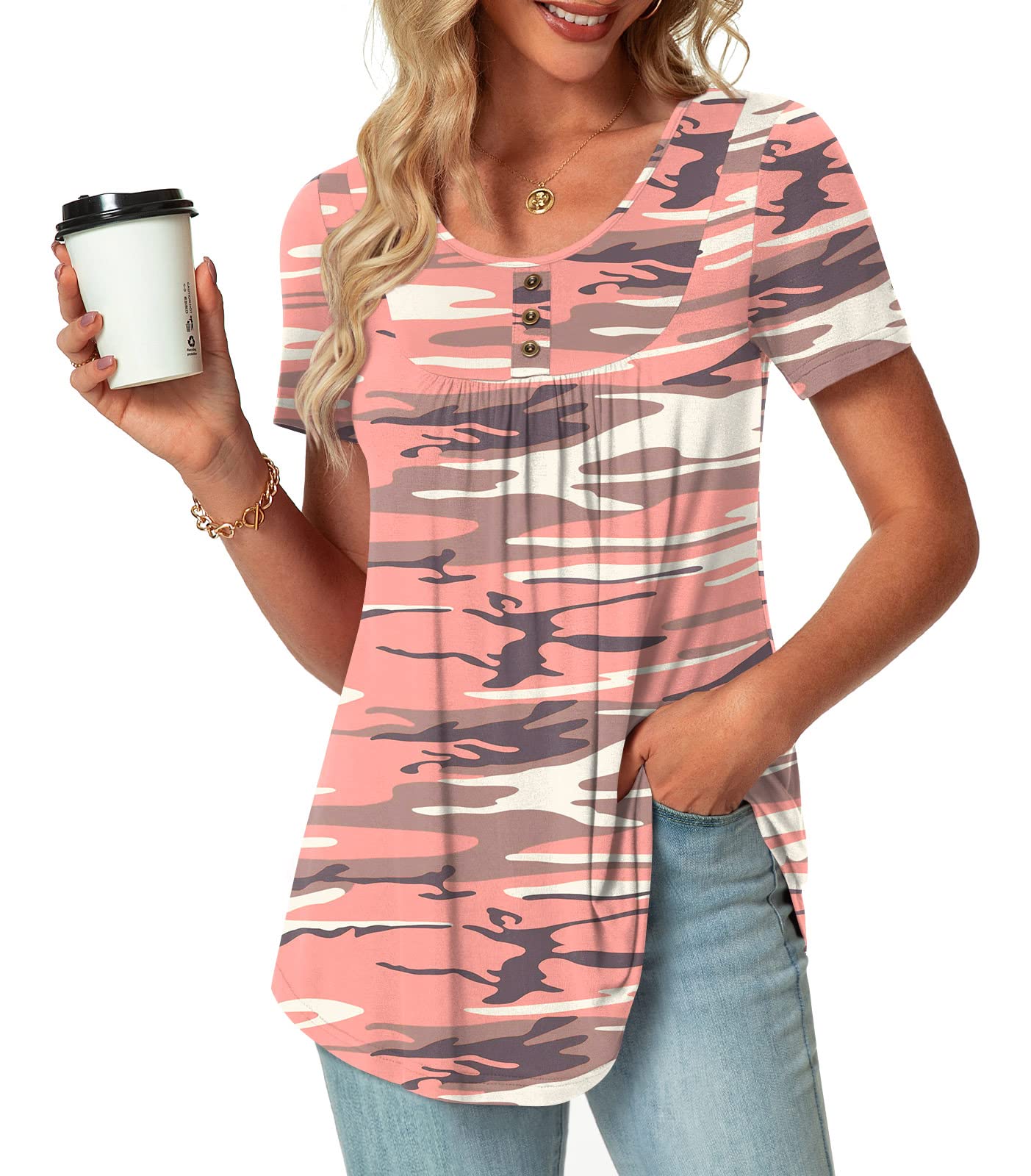 POPYOUNG Summer Womens Tunic Tops Loose Fit dressy Casual Short Sleeve Shirts to wear with Leggings