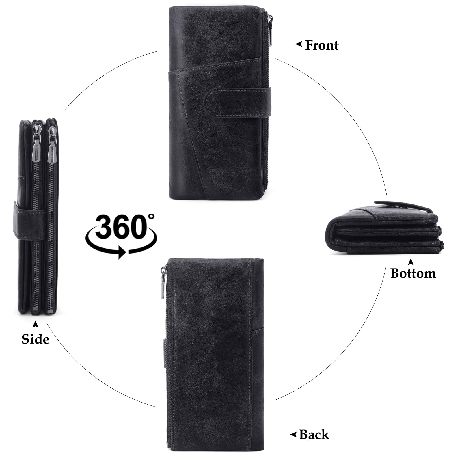 REETEE Carteras de Mujer Grande Cuero PU Monedero Muje Carteras Bloqueo RFID Largo Billetera 2 Grand Bolsillo con Cremallera para Monedas con 23 Ranuras Tarjetas (Negro)