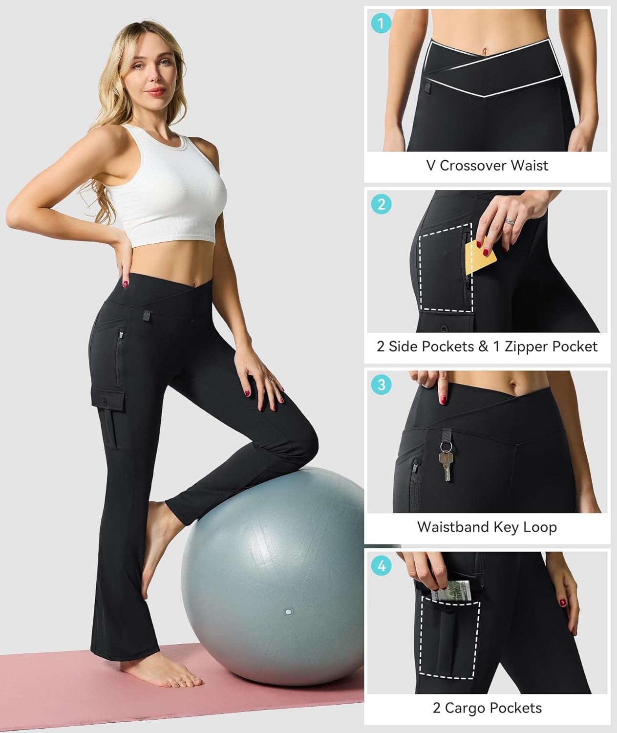 Flare Leggings for Women Yoga Crossover High Waist Pants with Tummy Control Workout Cargo with 5 Pockets Bootcut Leggings