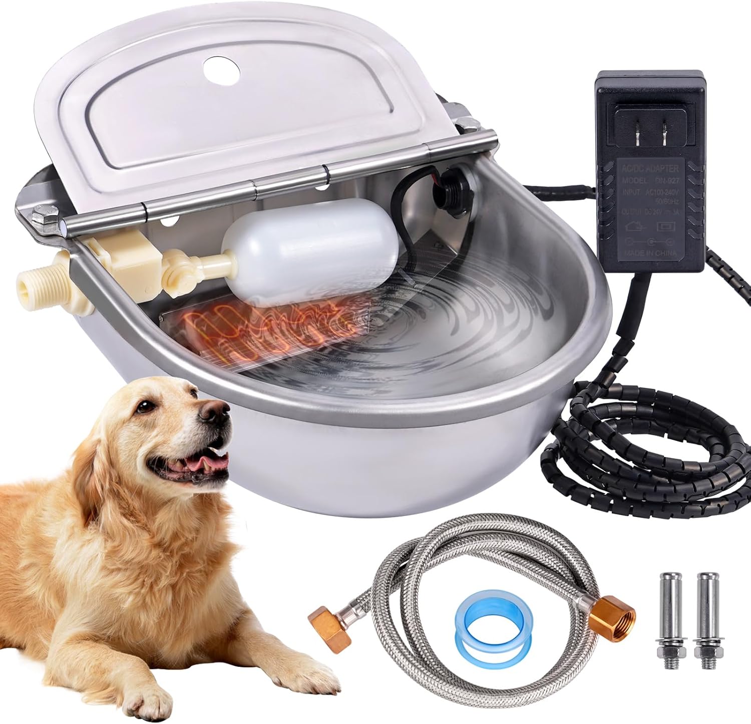 Heated Automatic Water Bowl for Dogs and Chicken, 24V Pet Thermal-Bowl with Float Valve Heated Automatic Waterer for Large Dogs Livestock Poultry