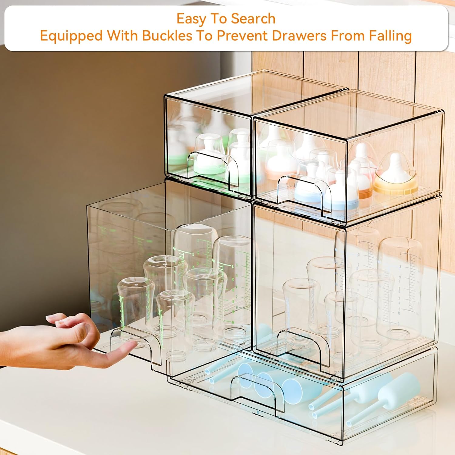 Yieach 5 Set Clear Baby Bottle Organizer for Countertop,BPA FREE Bottle Station Organizer for Breast Pump Parts,Pacifier and Baby Accessories,Stackable Drawers for Bathroom,Cabinet,Pantry Organization