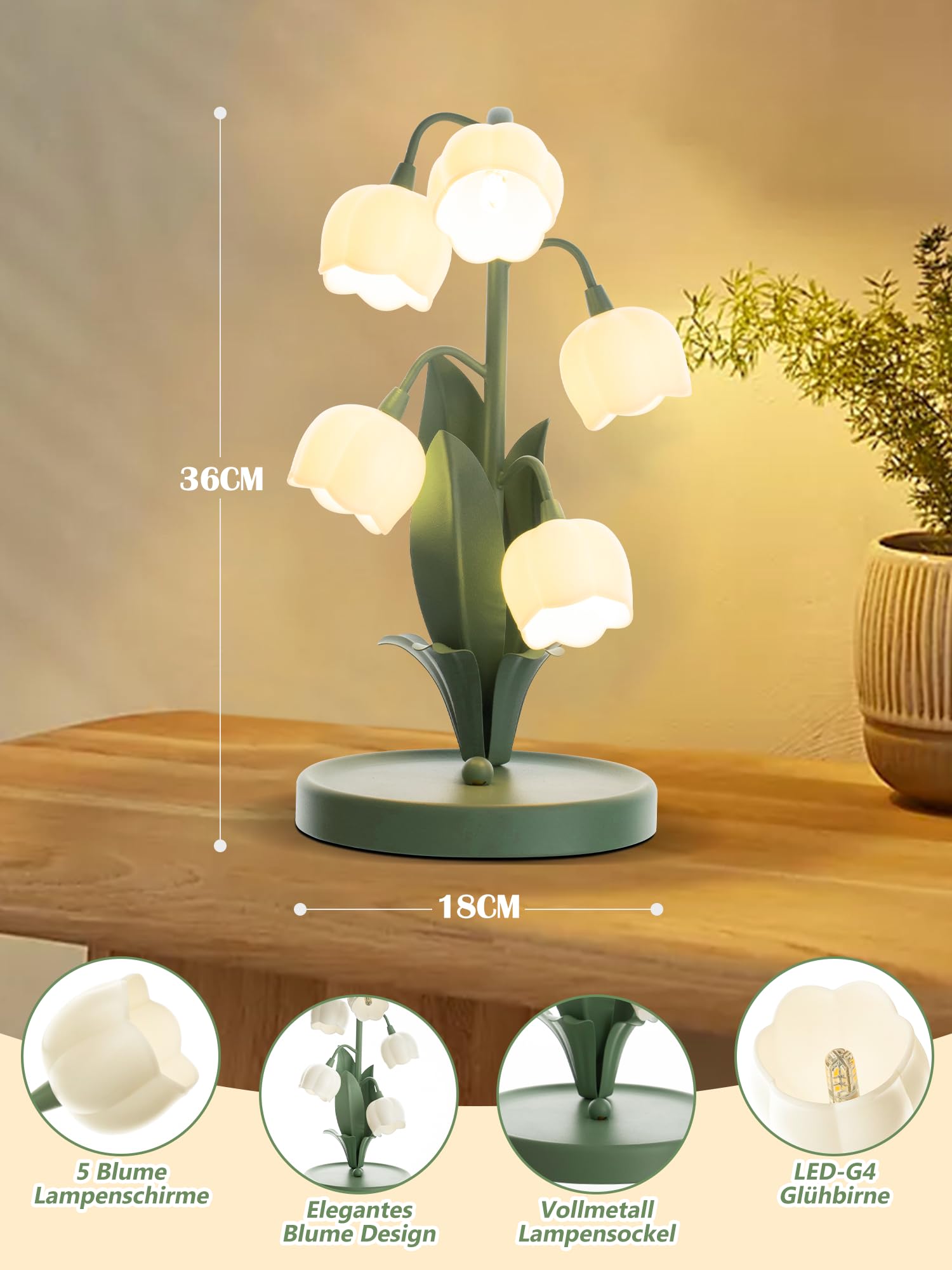 Blume Tischlampe, 5 Lilien Nachttischlampe, Vintage Grüne Blume Tischlampen, 3 Farbmodi Leselampe LED-Lampe Nachttischlampe Tischlampe für Wohnzimmer, Büro, Schlafzimmer, Wohnkultur
