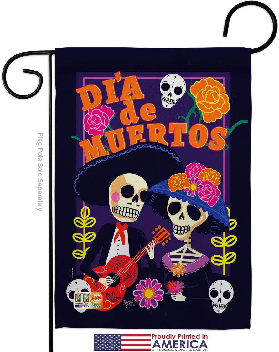 Dia de Muertos Couple Garden Flag Set Wall Holder Falltime Day of Dead Los Fiesta Mexican Party Autumntime Small Decorative Gift Yard House Banner Made In USA 13 X 18.5