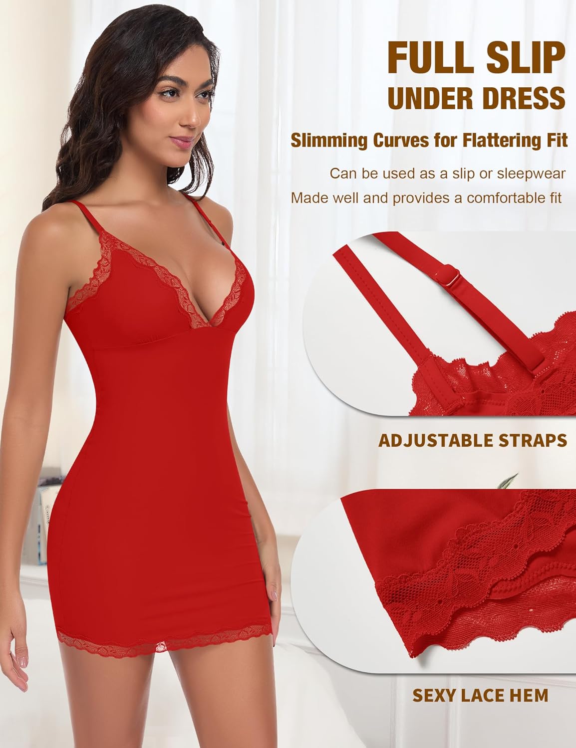 Full Slip for Women Under Dress Slim Slip Dress Adjustable Straps Nightgown V Neck Sleepwear Cami Mini Dress - Image 2