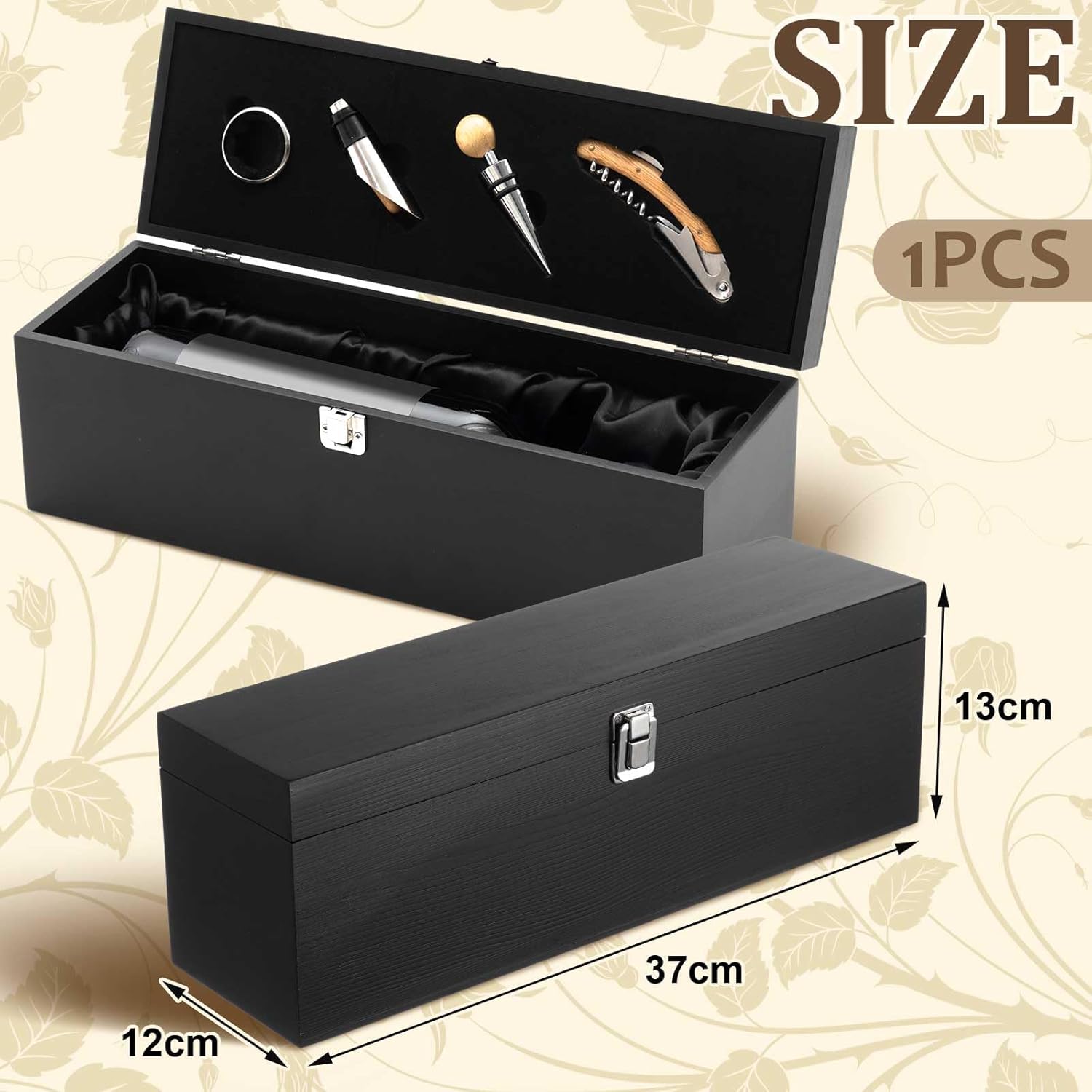 Teenyyou 1 Pc Vintage Wooden Wine Gift Box with 4 Accessories, Retro Single Bottle Case, Elegant Present for Father's Mother's Day Thanksgiving Housewarming Wedding Christmas (Bamboo,Black)