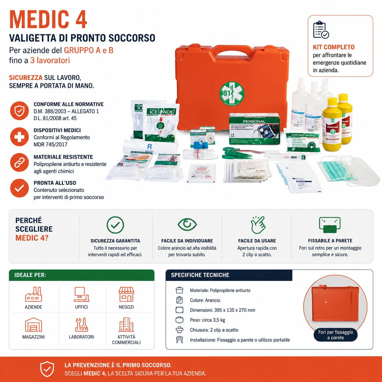 Medic 4 Valigetta Pronto Soccorso Allegato 1 con Supporto a Parete | Dotazione completa, Installazione rapida, Plastica antiurto, Utilizzo professionale, Conforme D.M. 388/2003