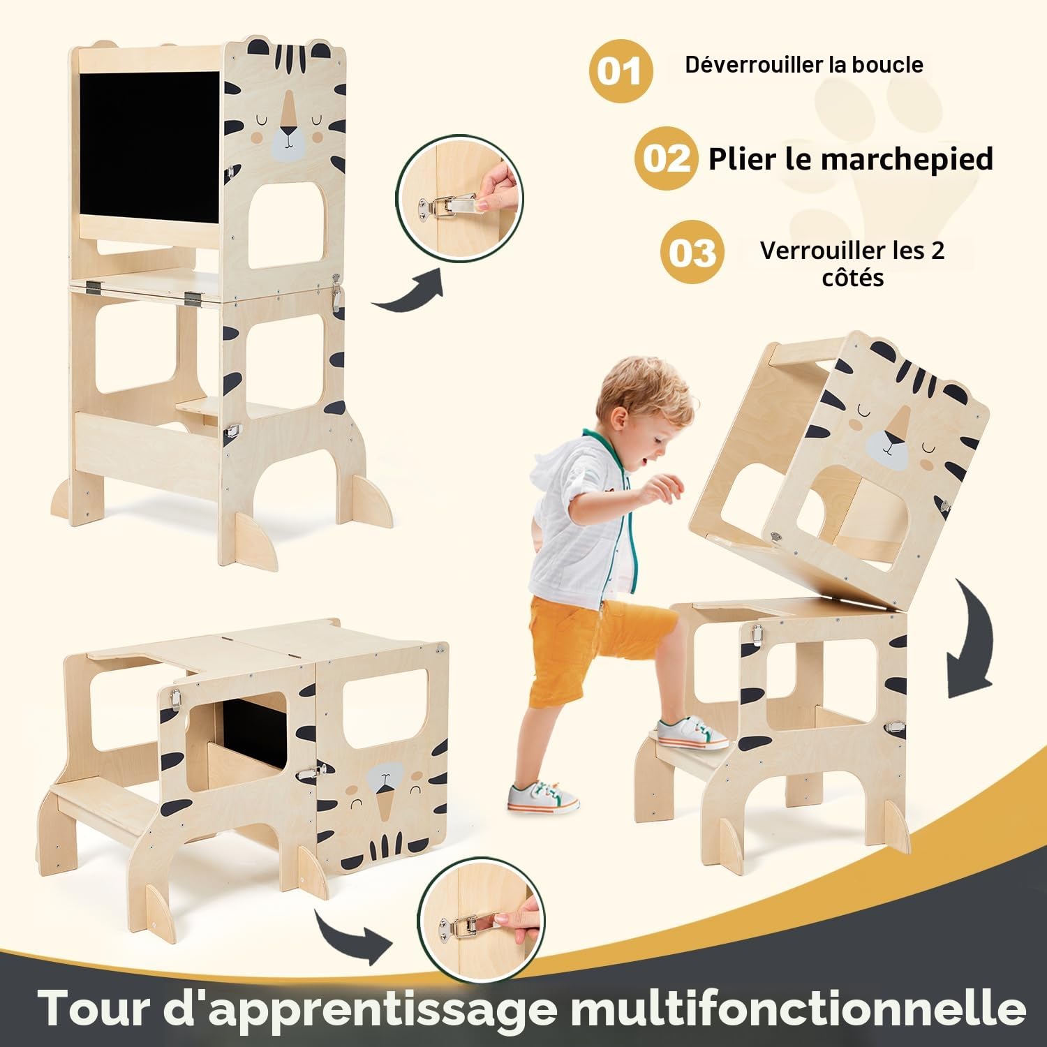 Labebe Tour d'Observation Enfant Pliable Montessori Learning Tower 3 en 1 avec Tableau à Dessin - Tigre