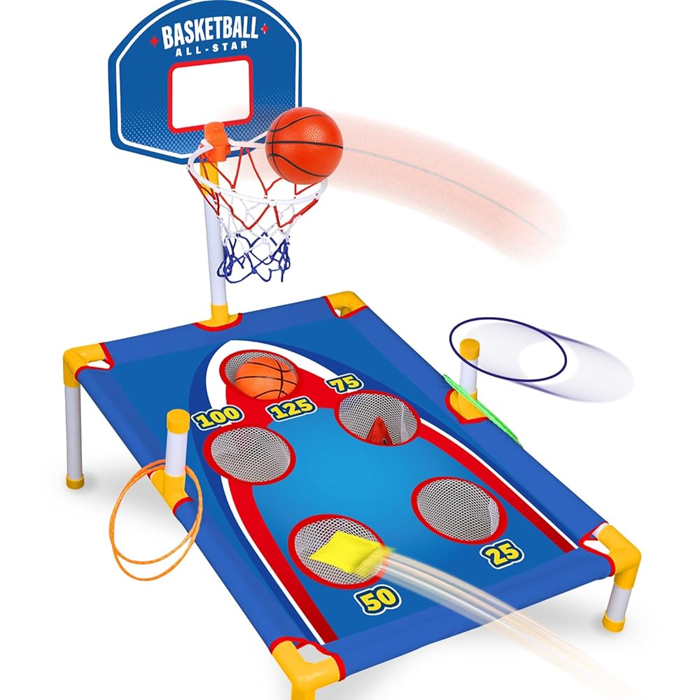 3-in-1 Toss Game for Kids - Bean Bag Toss, Ring Toss & Mini Basketball Hoop Indoor Outdoor Cornhole Style Carnival Game for Backyard Fun - Easy Setup, Portable Play for Birthday Party Gift for Boys