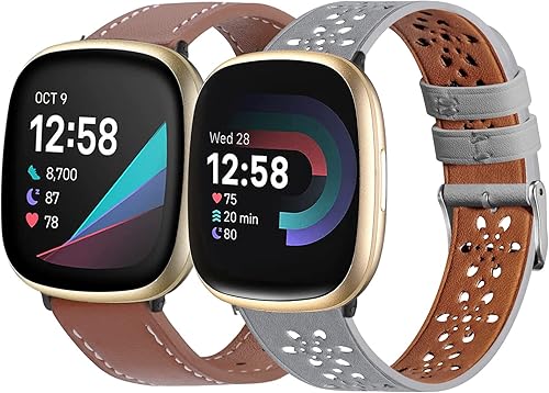 Yibcaiic Bandas compatibles con Fitbit Versa 4 bandas de cuero para mujer Versa 3 bandas de cuero clásico suave hueca floral para Fitbit Versa 4 y