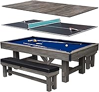 Hathaway Logan 7ft 3-in-1 Pool Table Combo with Benches - Dining Ping Pong Billiards, Rustic Gray Barnwood Blue Felt