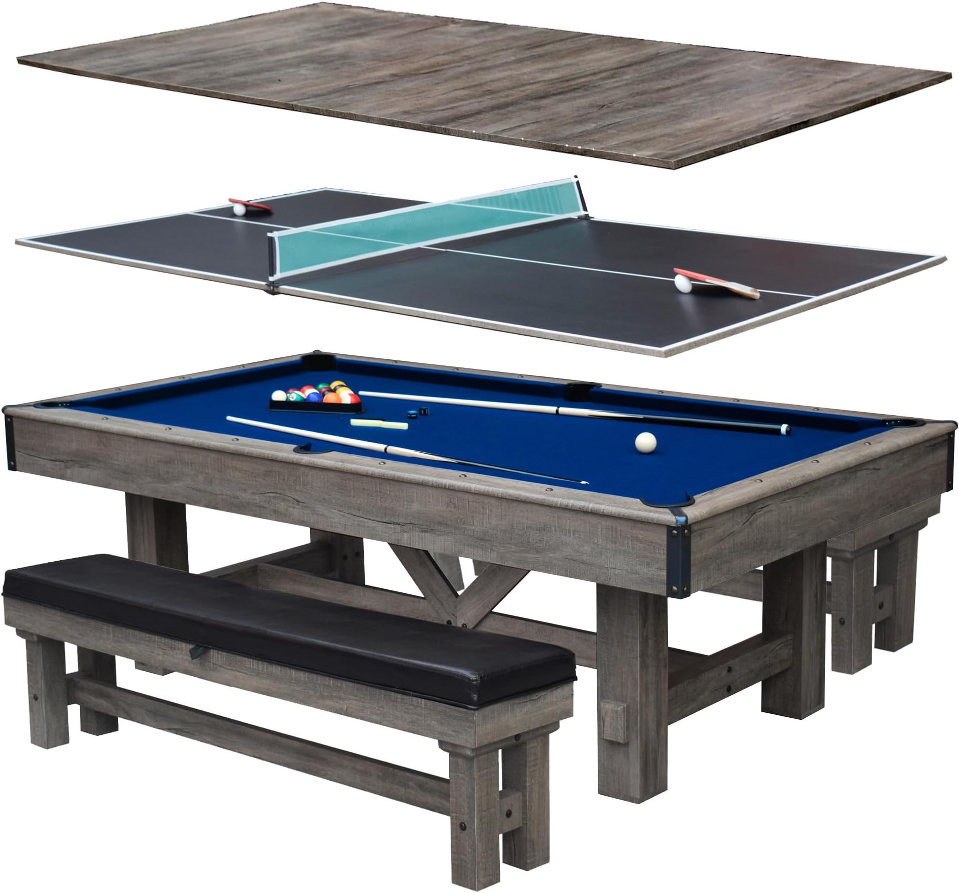 Hathaway Logan 7-ft Pool Table Combo Set with Benches - Rustic Gray with Blue Felt, Barnwood
