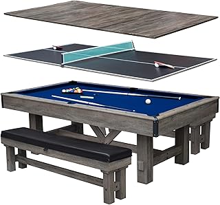 Hathaway Logan 7-ft Pool Table Combo Set with Benches - Rustic Gray with Blue Felt, Barnwood