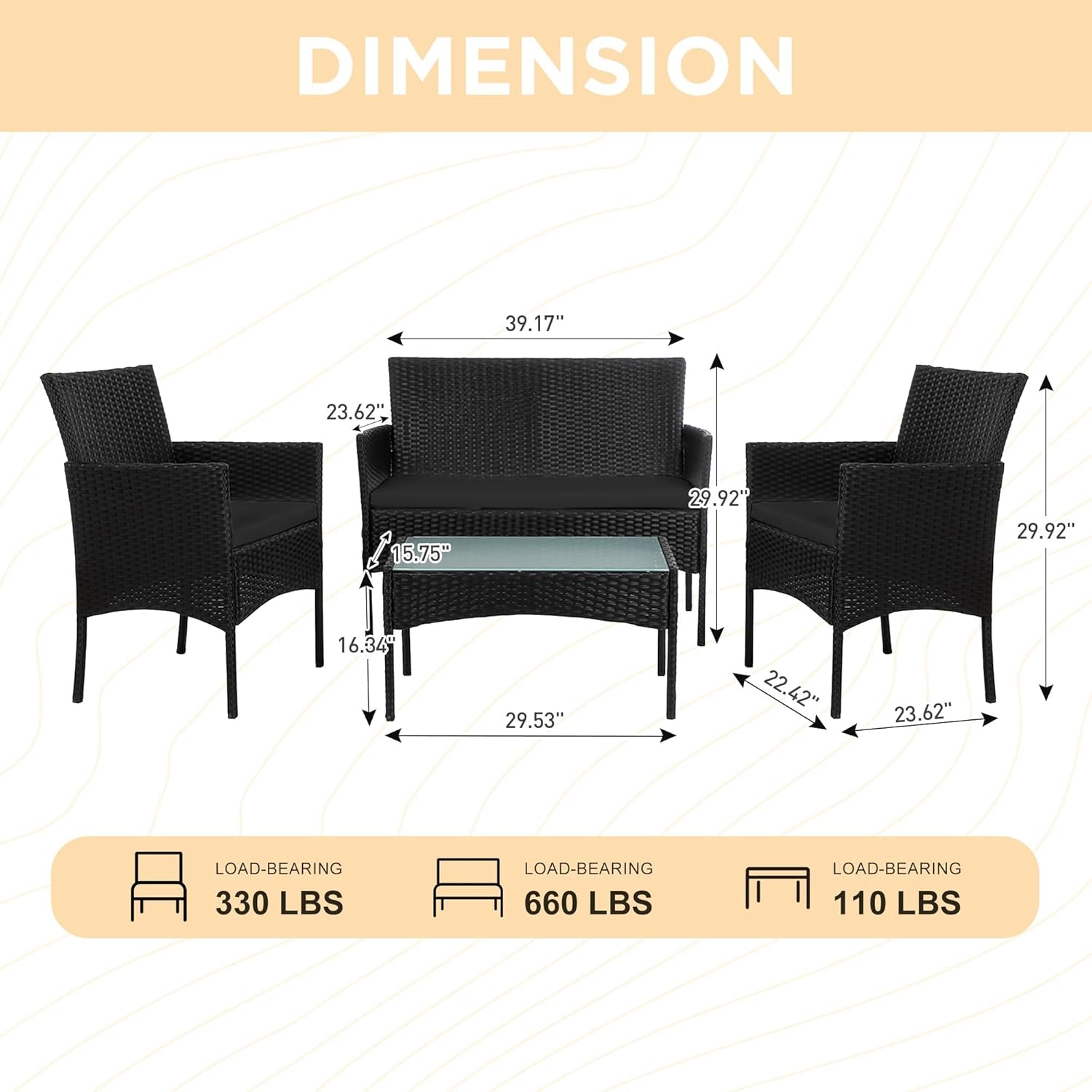 PROHIKER 4 Piece Outdoor Wicker Patio Conversation Furniture Set, Rattan Chair Wicker Sofa Garden Conversation Sets with Cushion and Glass Table for Yard Pool or Backyard, Black/Black