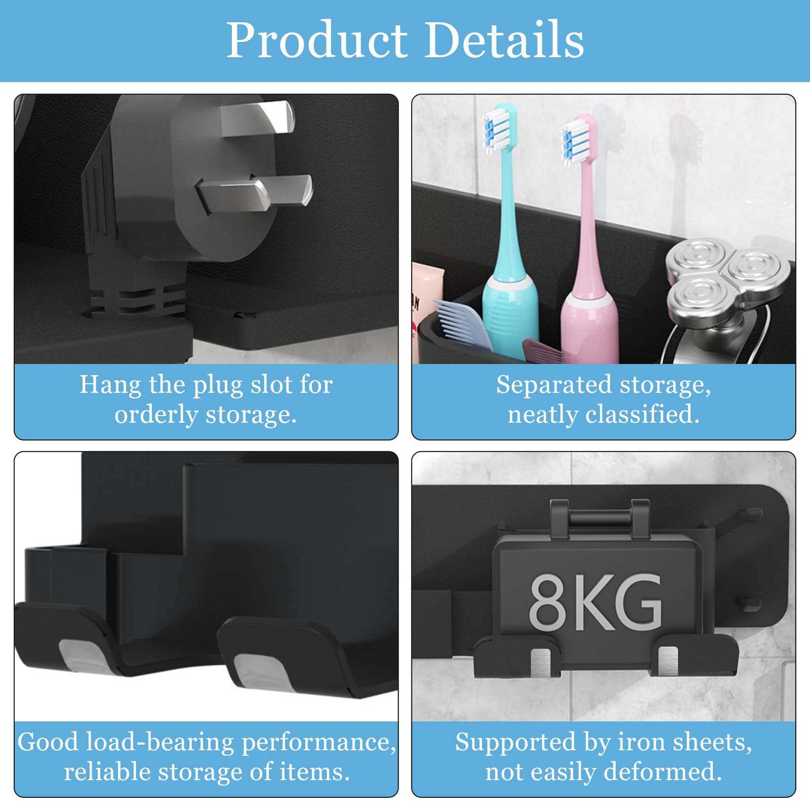 Porta Asciugacapelli Da Parete Senza Foratura - Supporto In Alluminio Con Portacavo, Nero - Foto 9