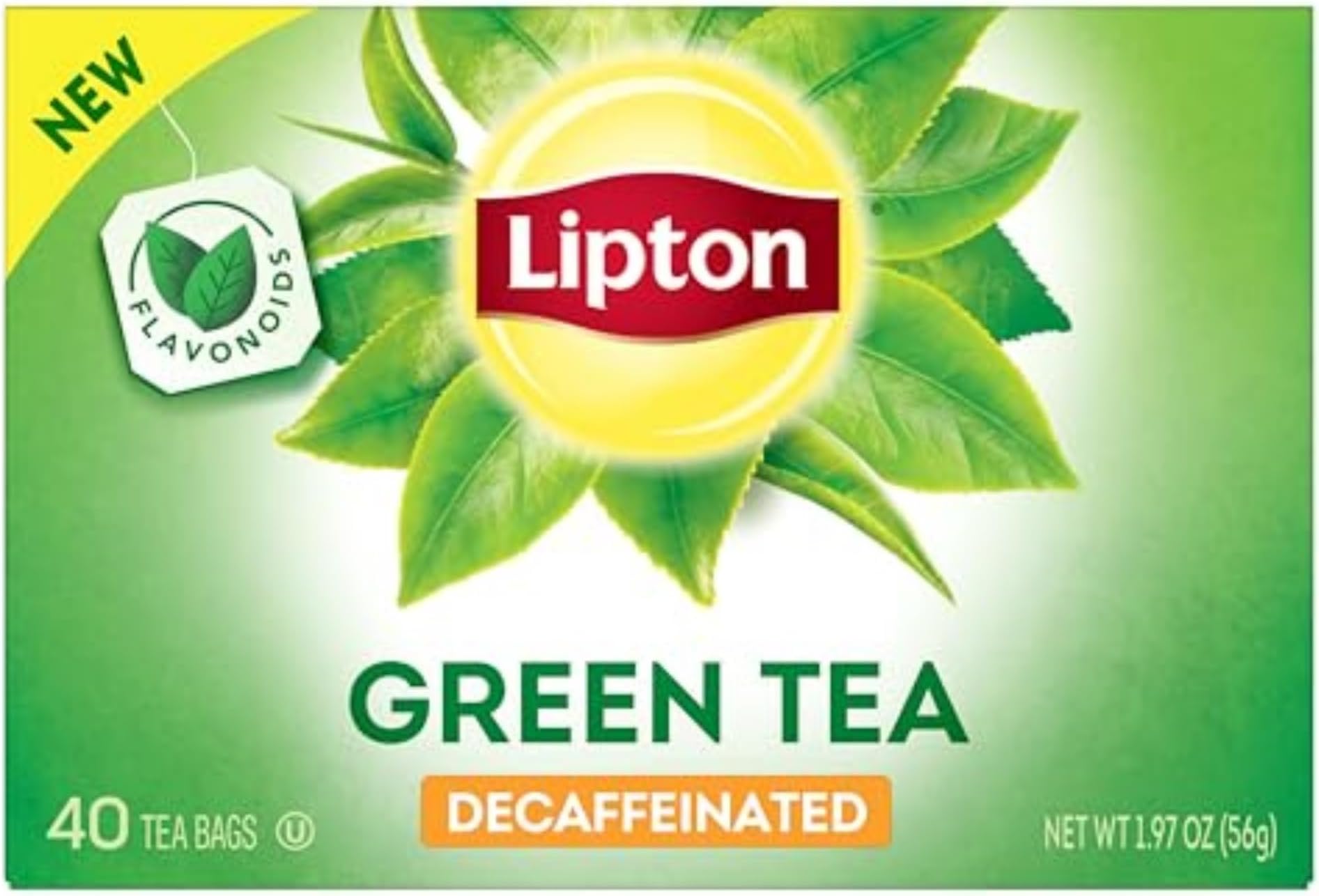 Lipton Decaffeinated Green Tea Bags, Unsweetened Tea Bags for Decaffeinated Hot Tea or Decaffeinated Iced Tea with Flavonoids, Total 40 Tea Bags