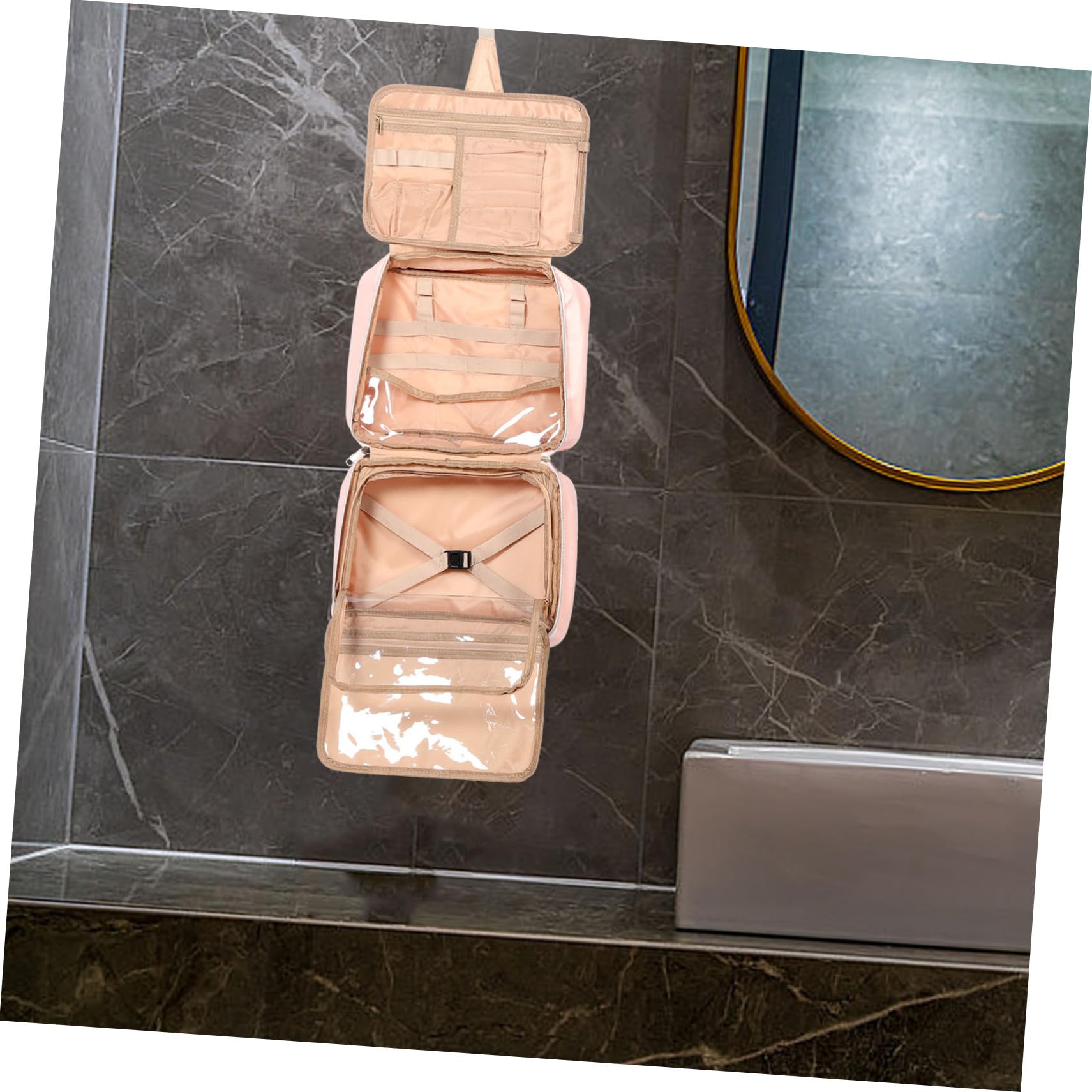 Borsa da Toilette da Viaggio Rosa in Pu Design Appeso | Capacità Ampia Scomparti Multipli e Tasche, Maniglia Integrata, per Uso Outdoor e Viaggio