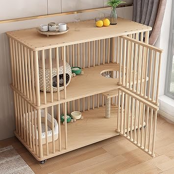 2 Tiers Cat House with Scratching Post, Wooden Cat House Villa Cage for Indoor Cats Large Cat Condos Cat Cage Box with Wheels Kitty Cage with Escape Doors