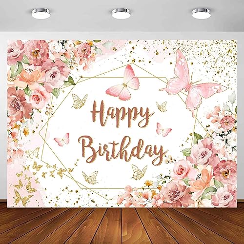 Sensfun Telón de fondo floral de feliz cumpleaños para mujeres y niñas, mariposa rosa, fiesta de cumpleaños, fondo de fotografía, flores en