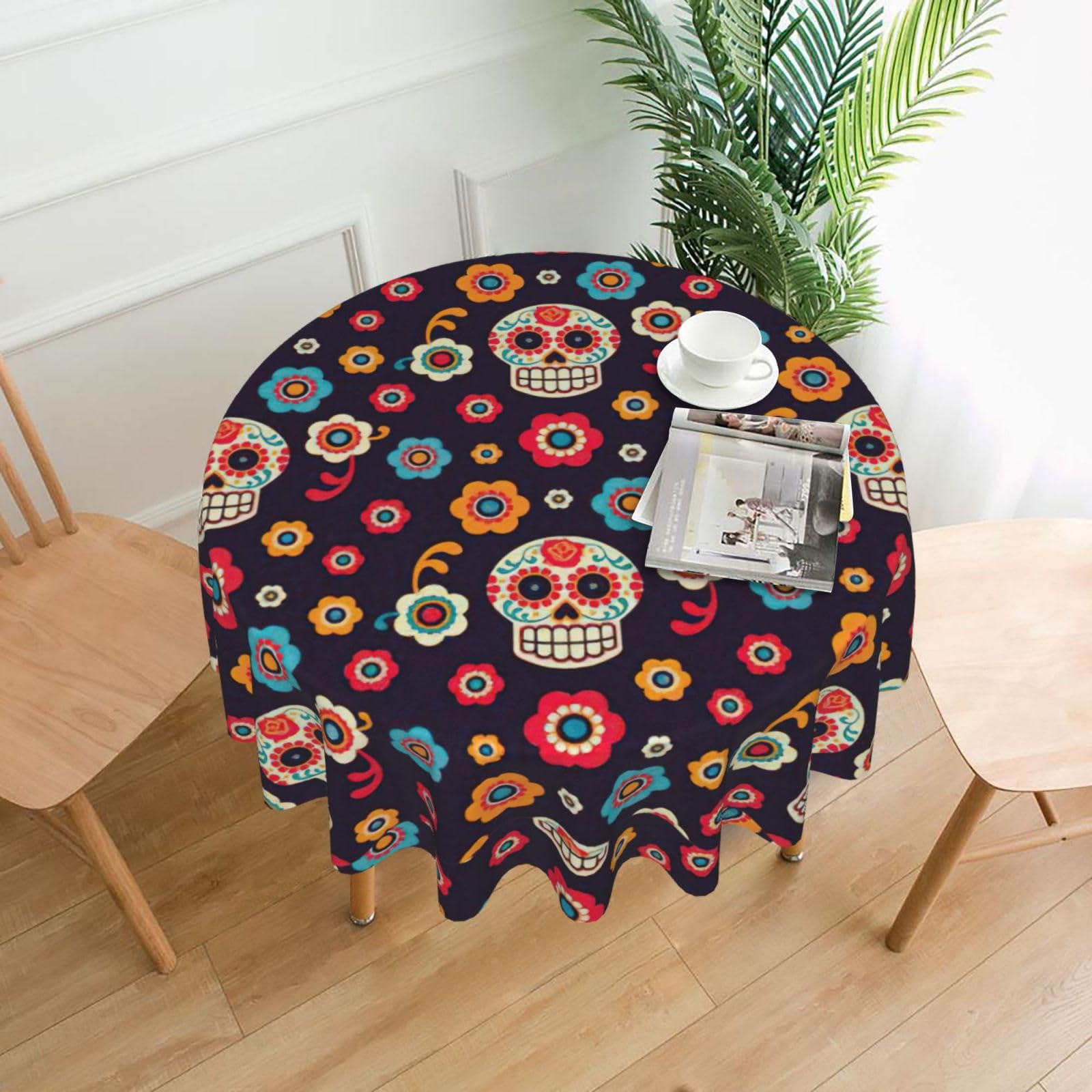 OXbnmm sugar skulls Print Soft Round Tablecloth 60in Polyester Washable Cover Cozy Gift for Mom Housewarming